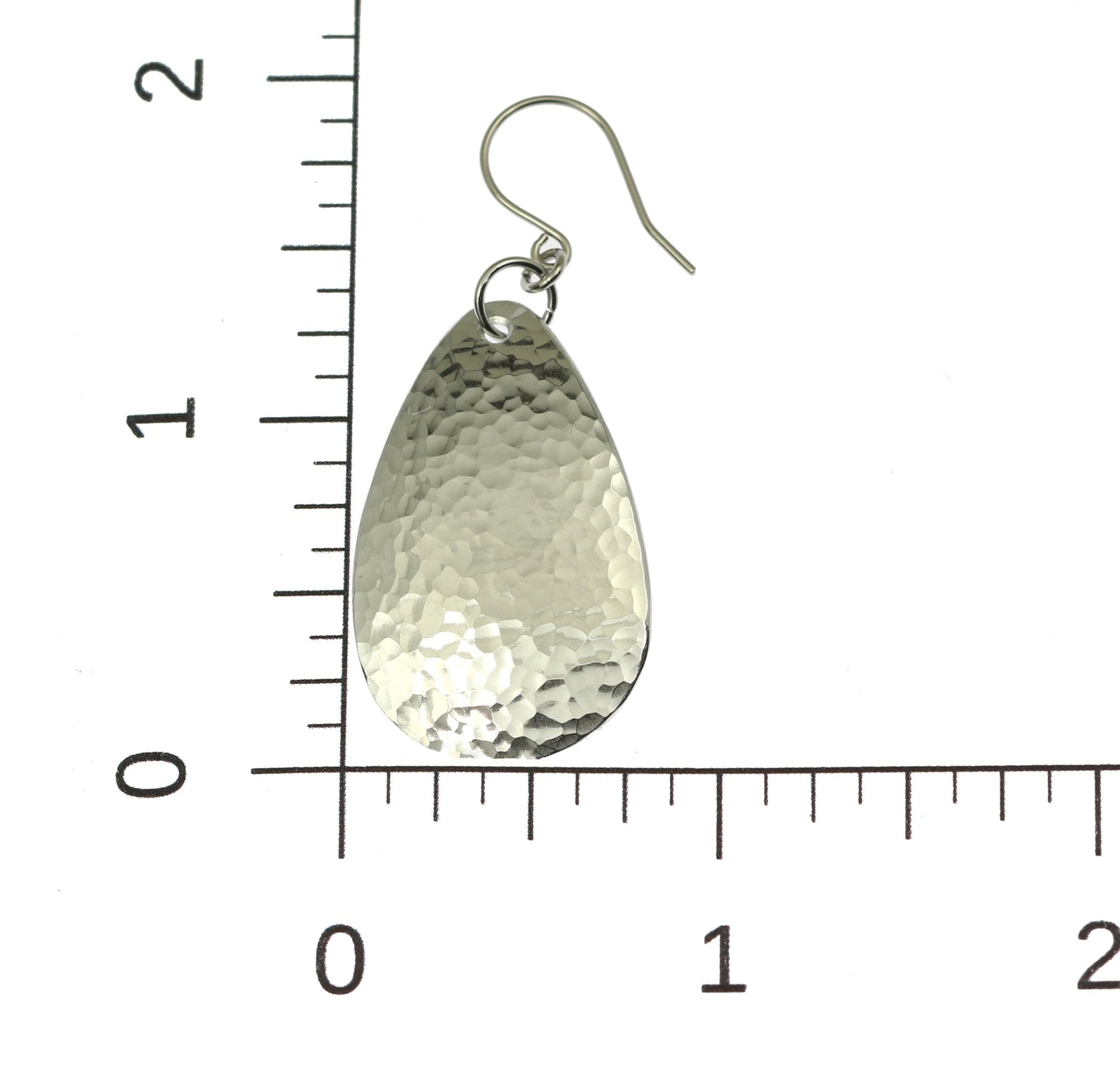 Scale of Small Hammered Aluminum Teardrop Earrings on a Ruler for Size Dimensions