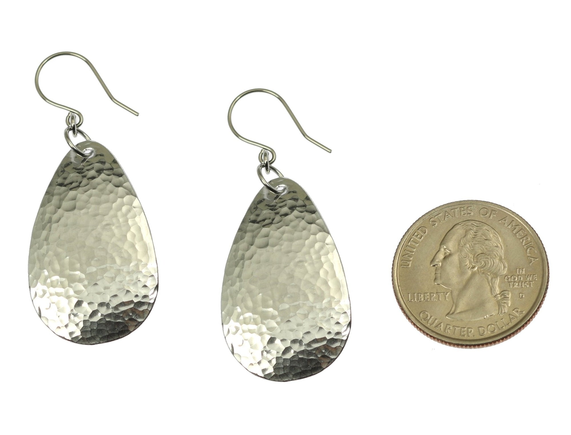 Size of Small Hammered Aluminum Teardrop Earrings compared to a US Quarter Coin