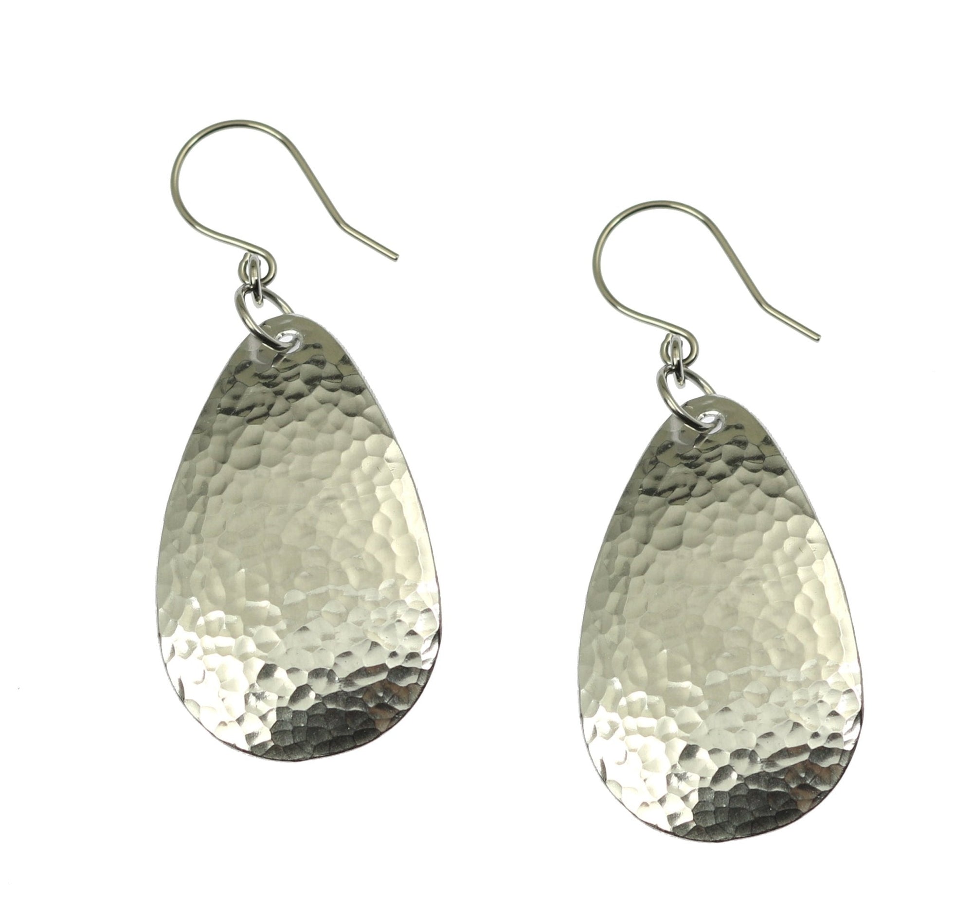 A Pair of Small Hammered Aluminum Teardrop Earrings on a White Background