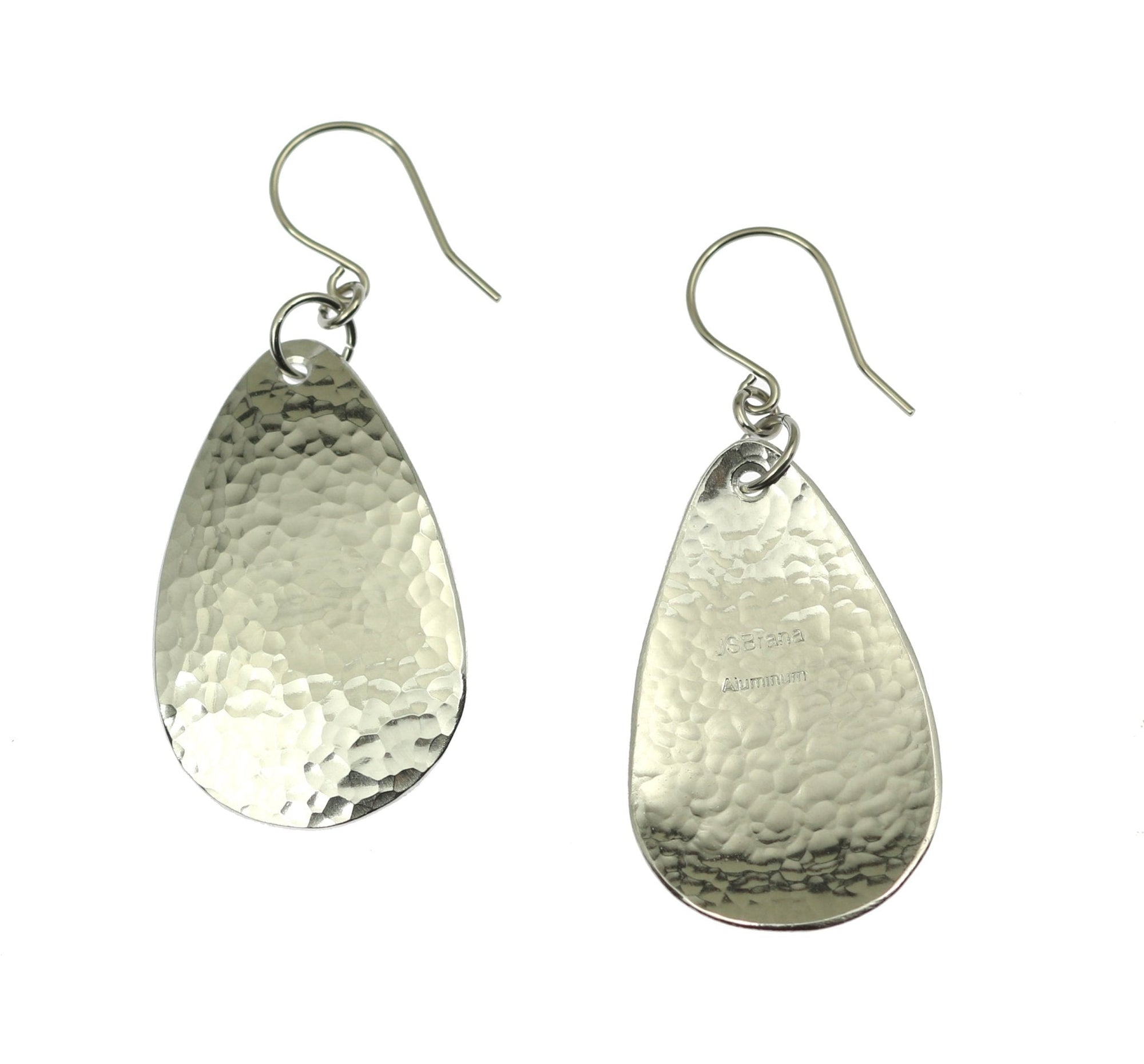 Front and Back Views of Small Hammered Aluminum Teardrop Earrings