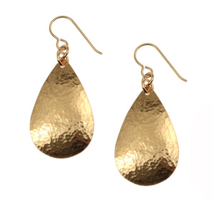 1 of 6: A Pair of Small Hammered Bronze Teardrop Earrings on a White Background