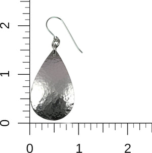 3 of 5: Scale of Small Hammered Stainless Steel Teardrop Earrings on a Ruler for Size Dimensions