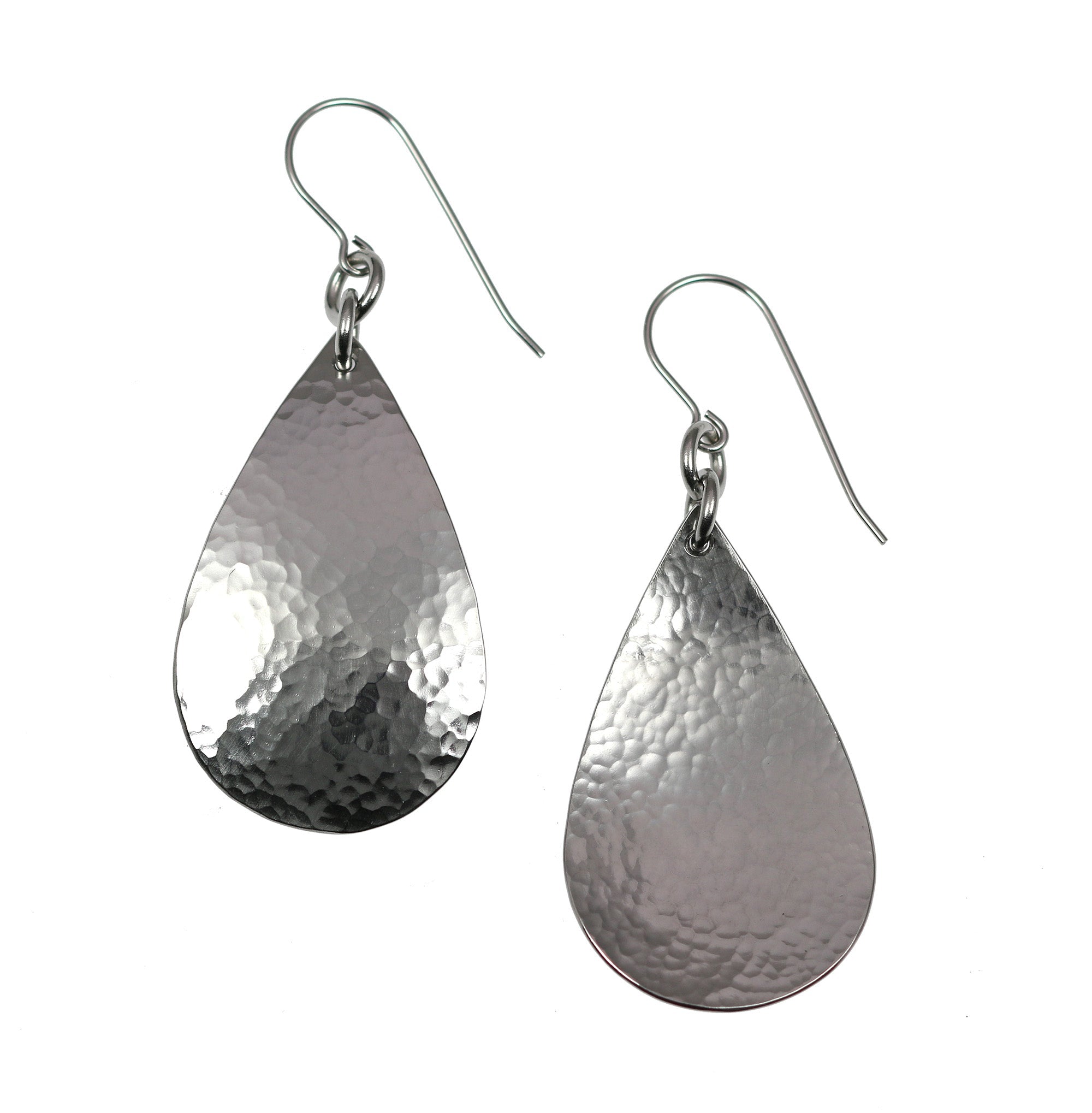 Detail of Small Hammered Stainless Steel Teardrop Earrings