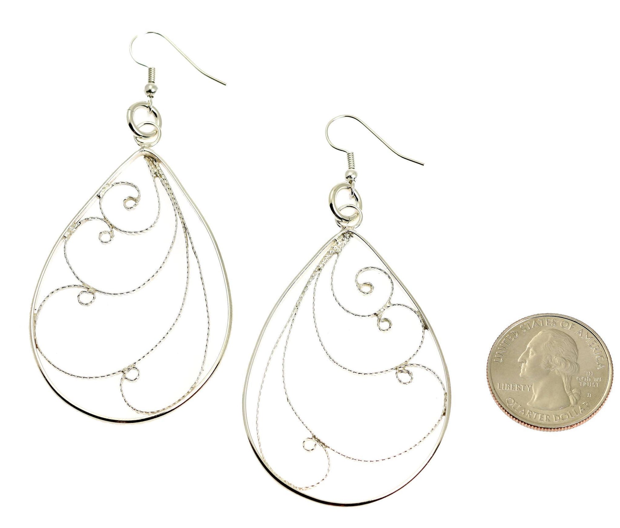 Size of Sterling Silver Filigree Scroll Earrings compared to a US Quarter Coin