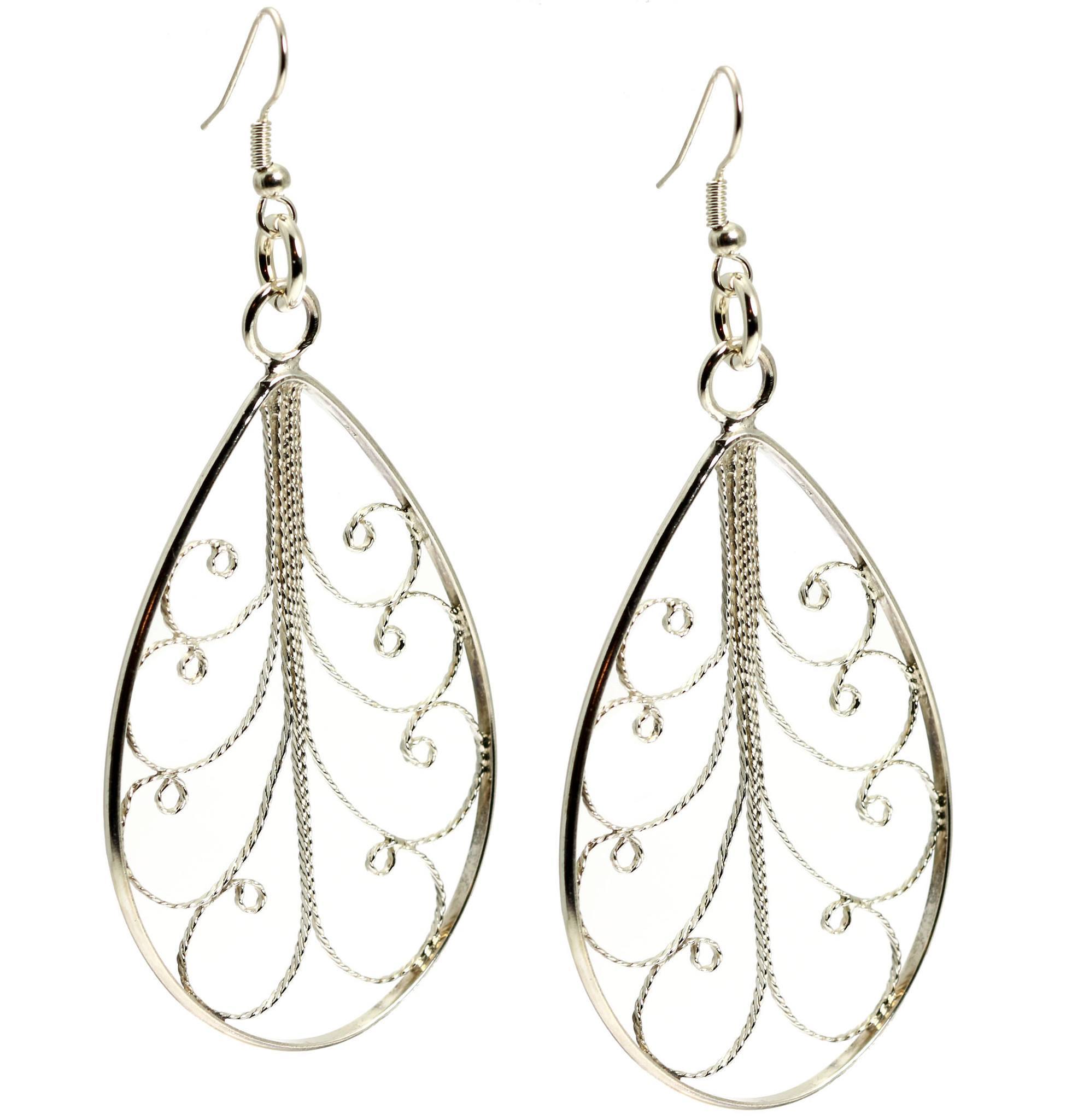 Detail of Sterling Silver Filigree Tear Drop Scroll Earrings