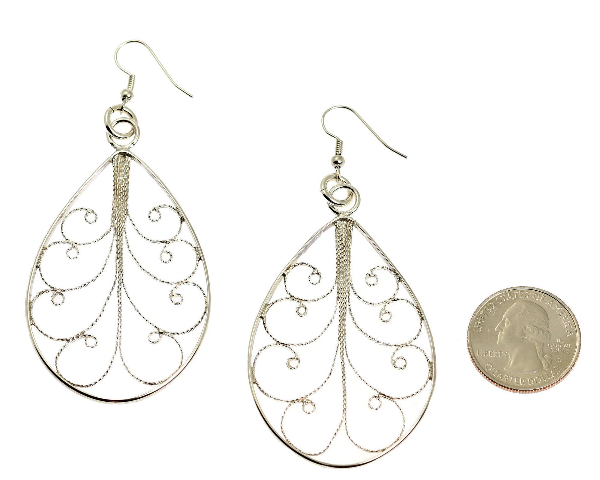 Size of Sterling Silver Filigree Teardrop Scroll Earrings compared to a US Quarter Coin