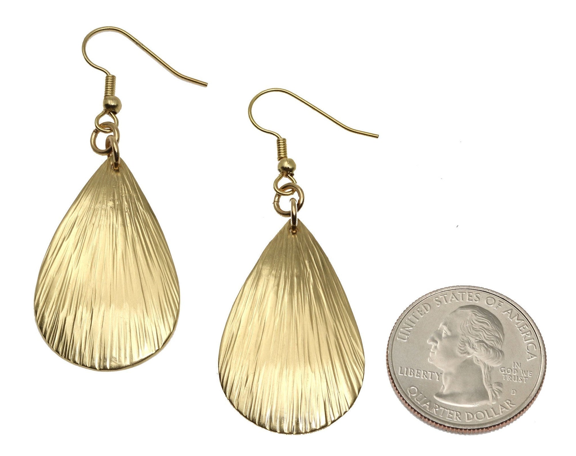 Size of Tear Drop Nu Gold Bark Earrings compared to a US Quarter Coin