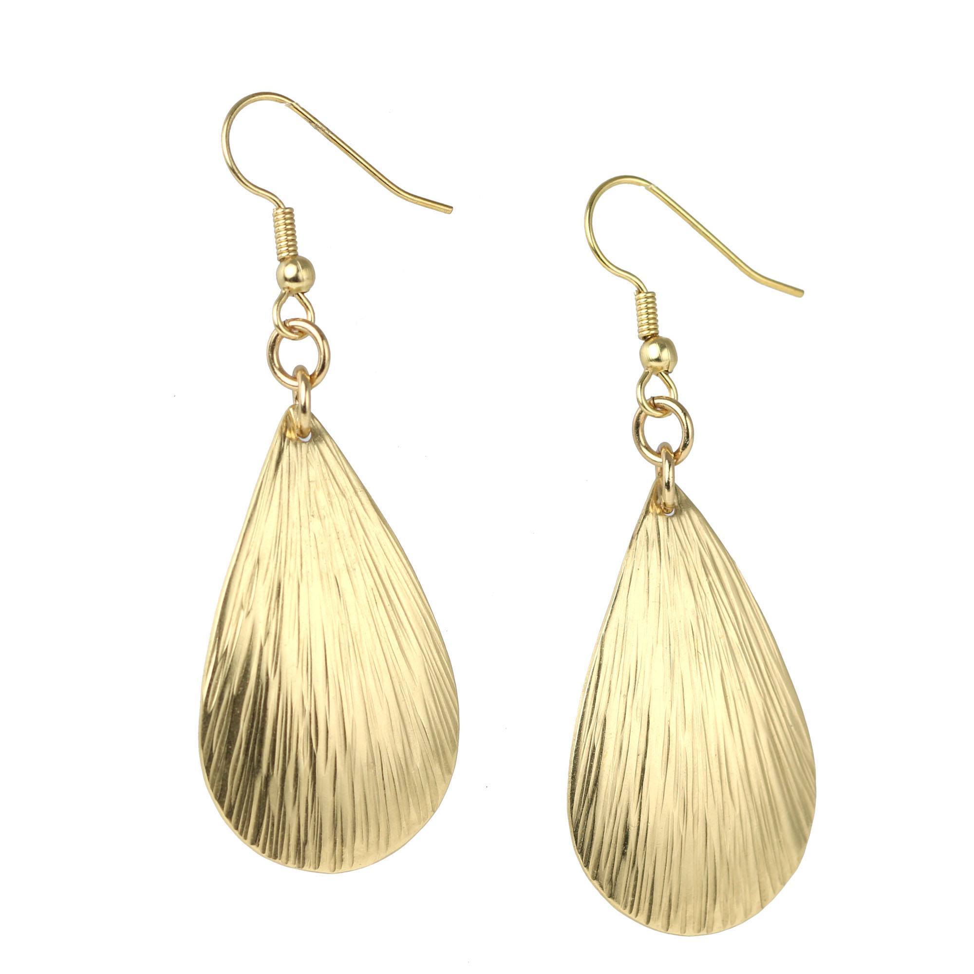 A Pair of Tear Drop Nu Gold Bark Earrings on a White Background