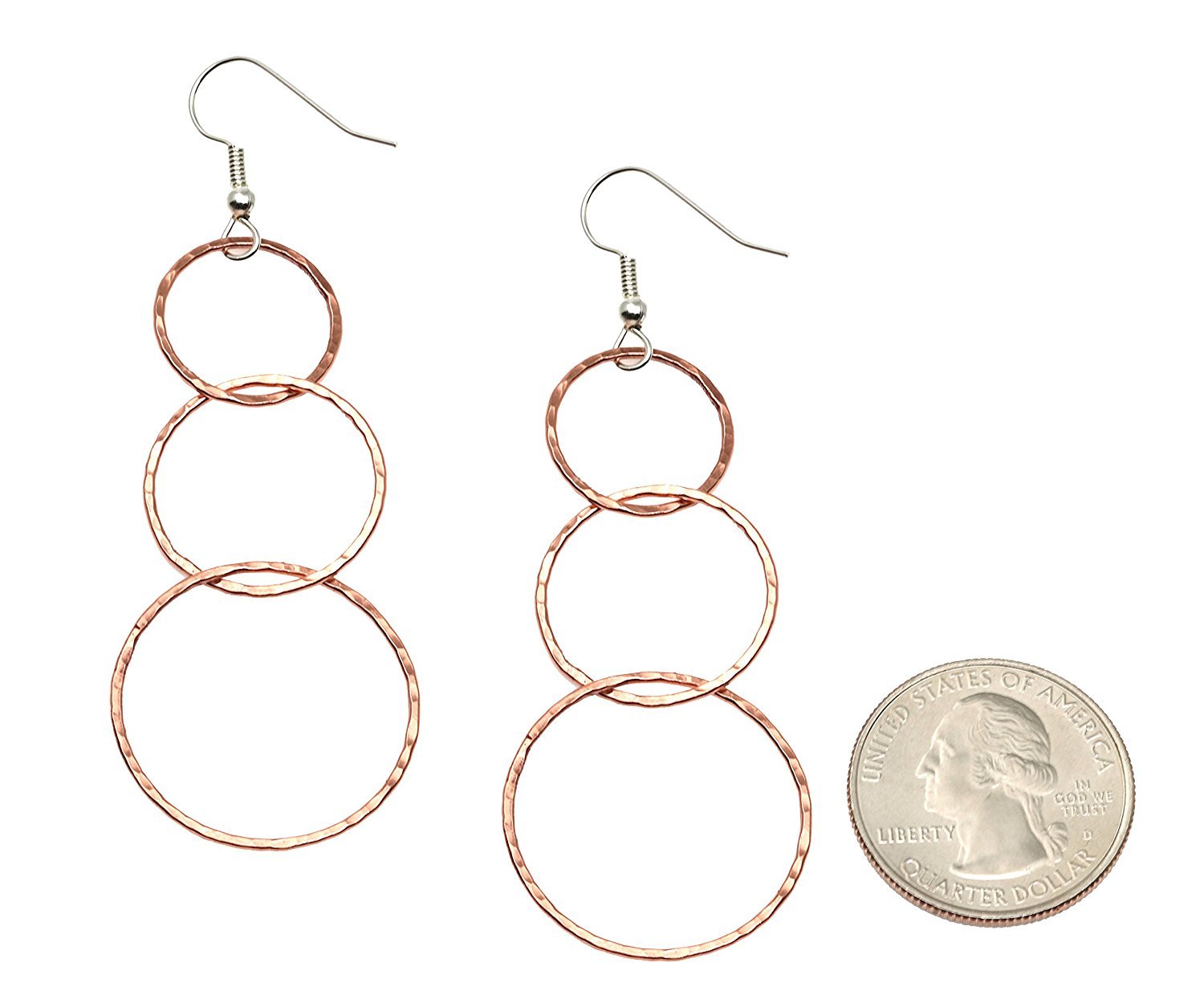 Size of Hammered Copper Dangle Earrings compared to a US Quarter Coin