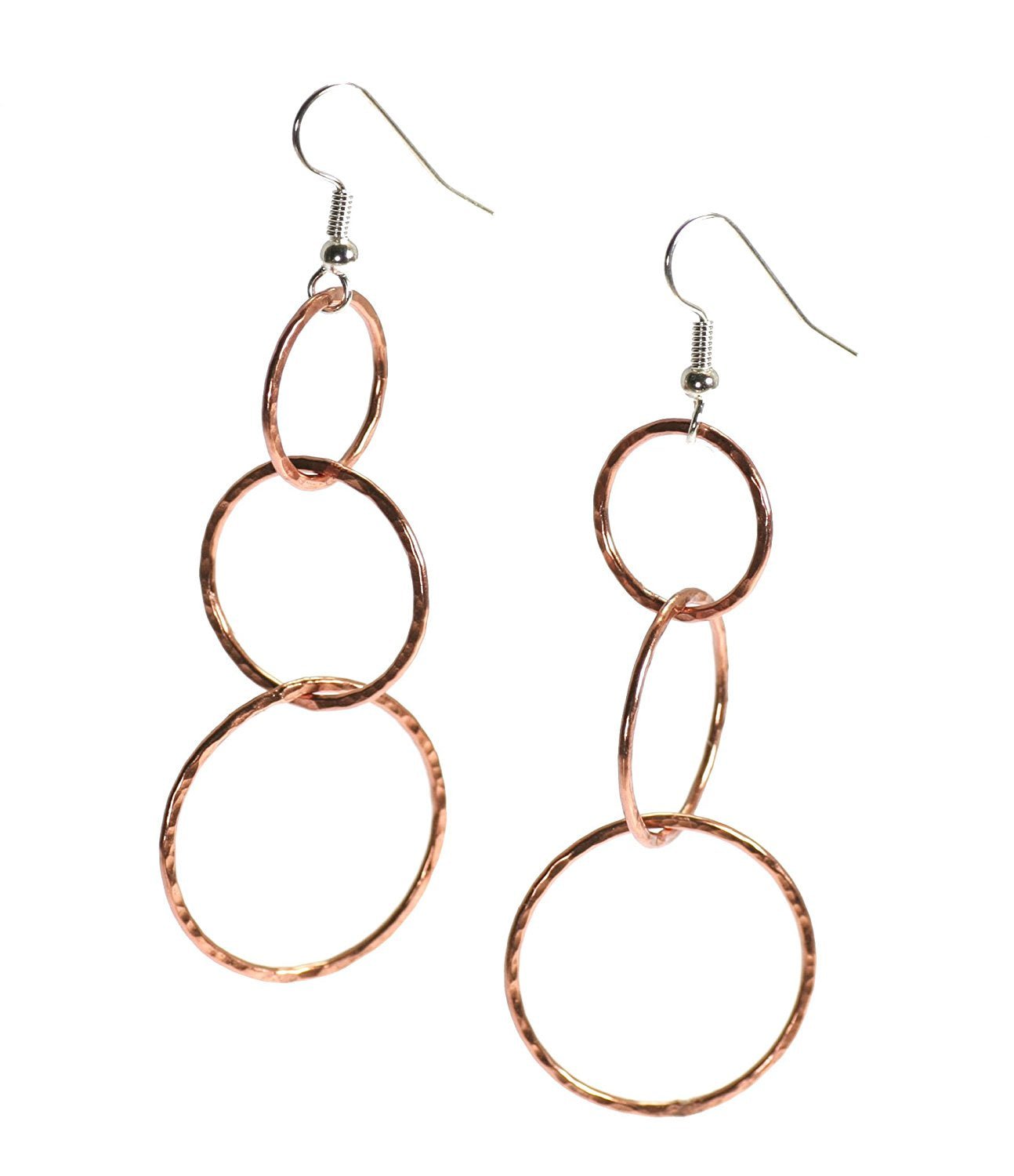 A Pair of Hammered Copper Dangle Earrings on a White Background