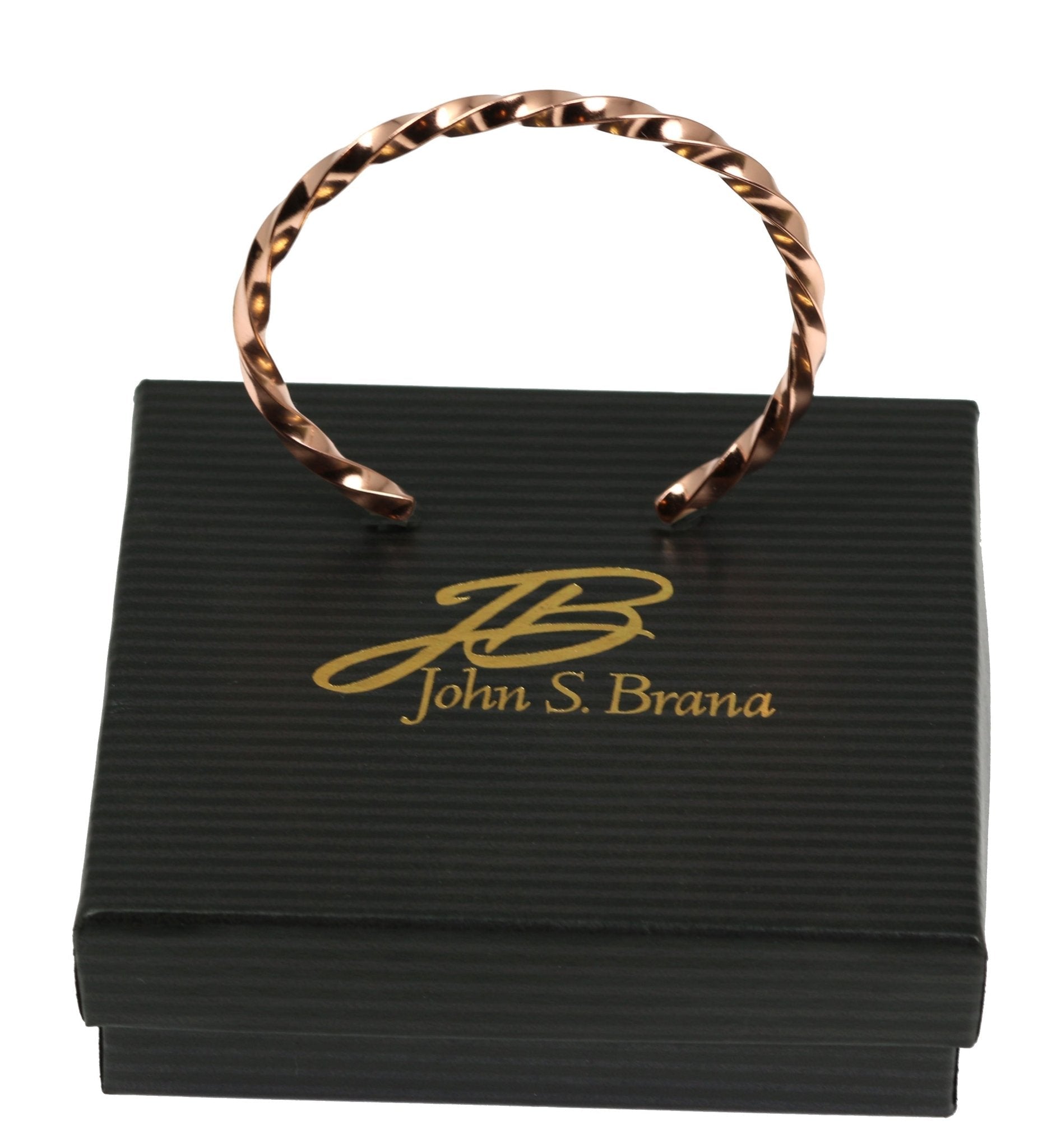 Twisted Copper Cuff Bracelet on Top of Black Gift Box with Gold Logo