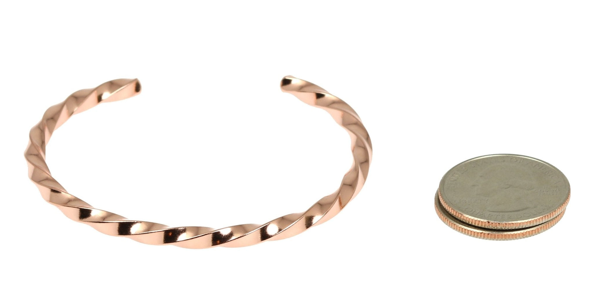 Width of Twisted Copper Cuff Bracelet compared to 2 US Quarter Coins stacked