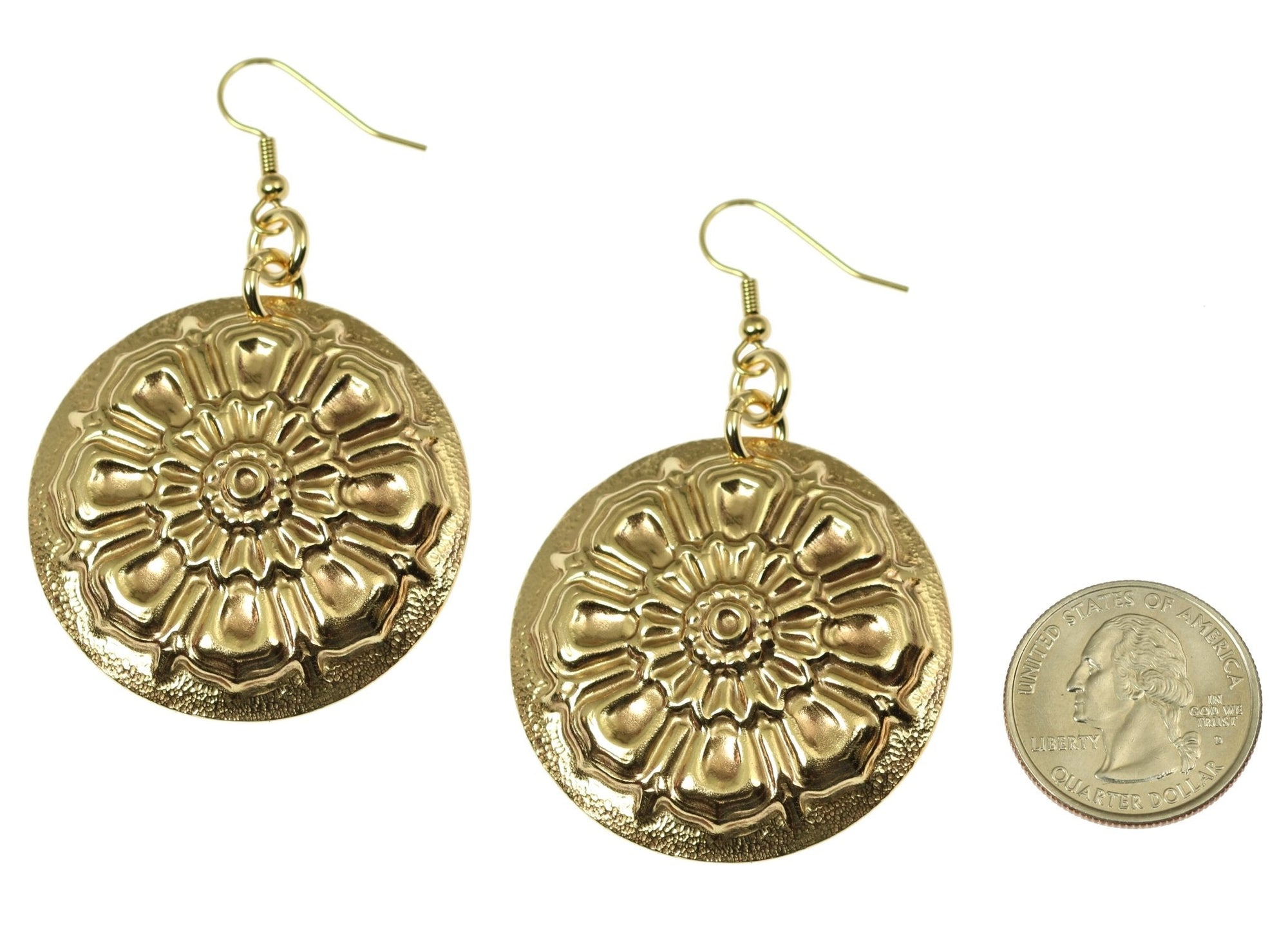 Size of Victorian Button Nu Gold Disc Earrings compared to a US Quarter Coin