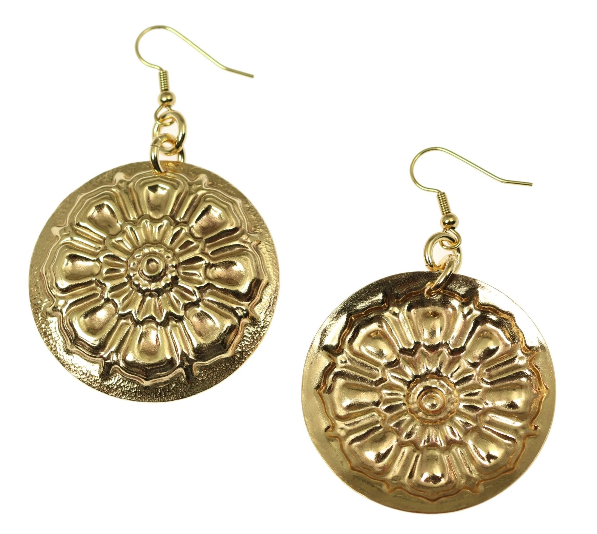 Front and Back Views of Victorian Button Nu Gold Disc Earrings