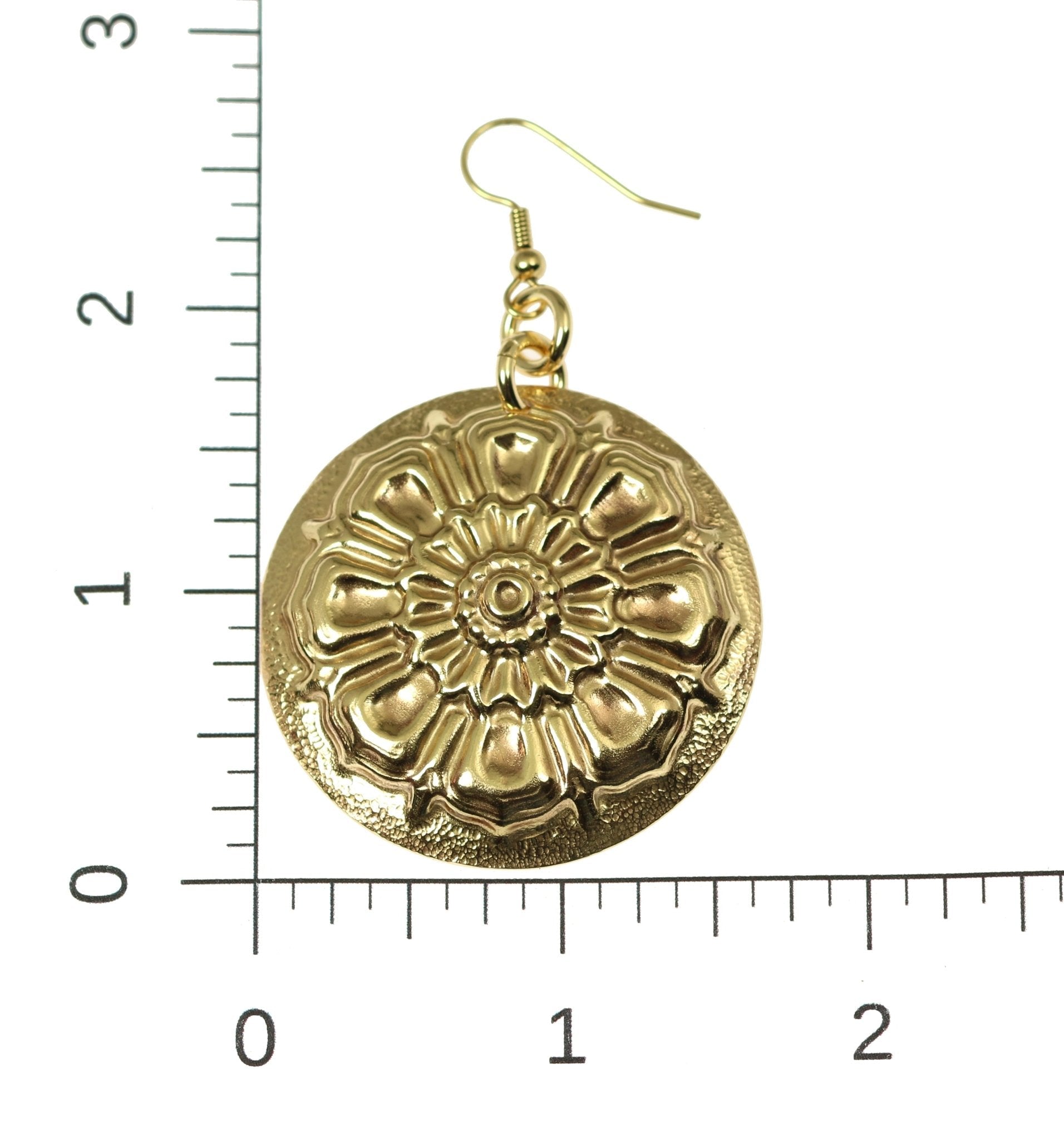 Scale of Victorian Button Nu Gold Disc Earrings on a Ruler for Size Dimensions