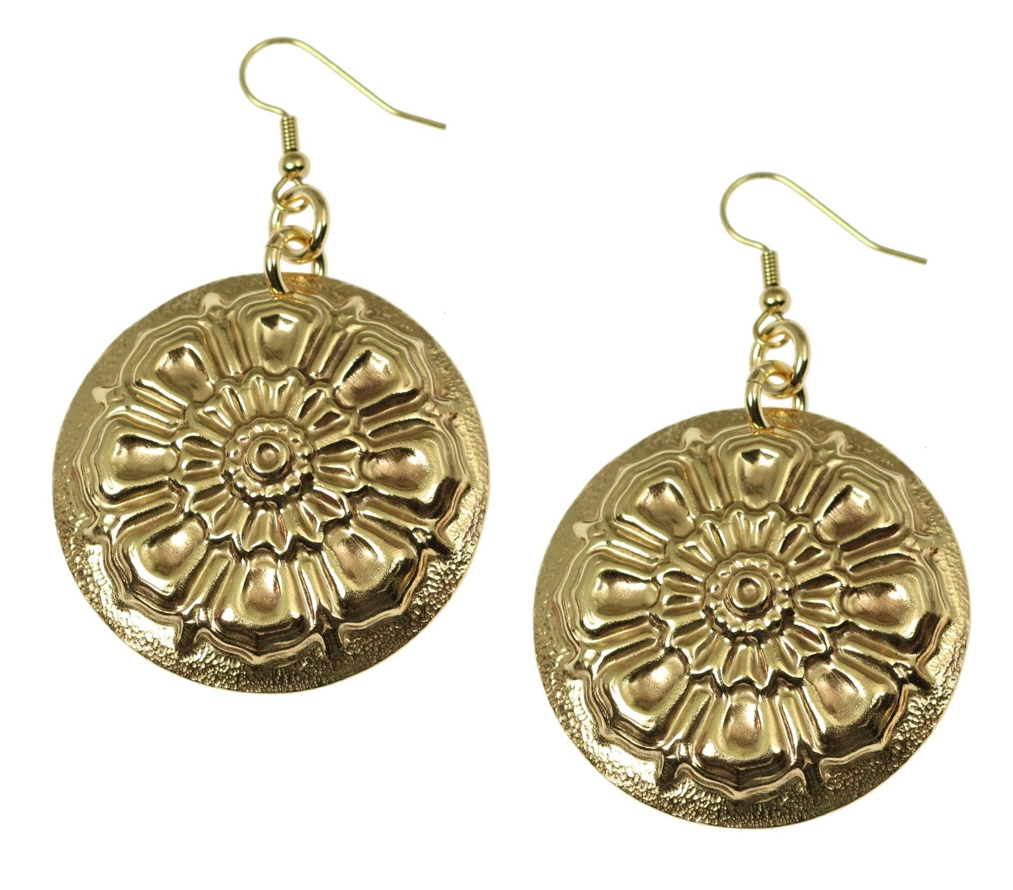 A Pair of Victorian Button Nu Gold Disc Earrings on a White Background