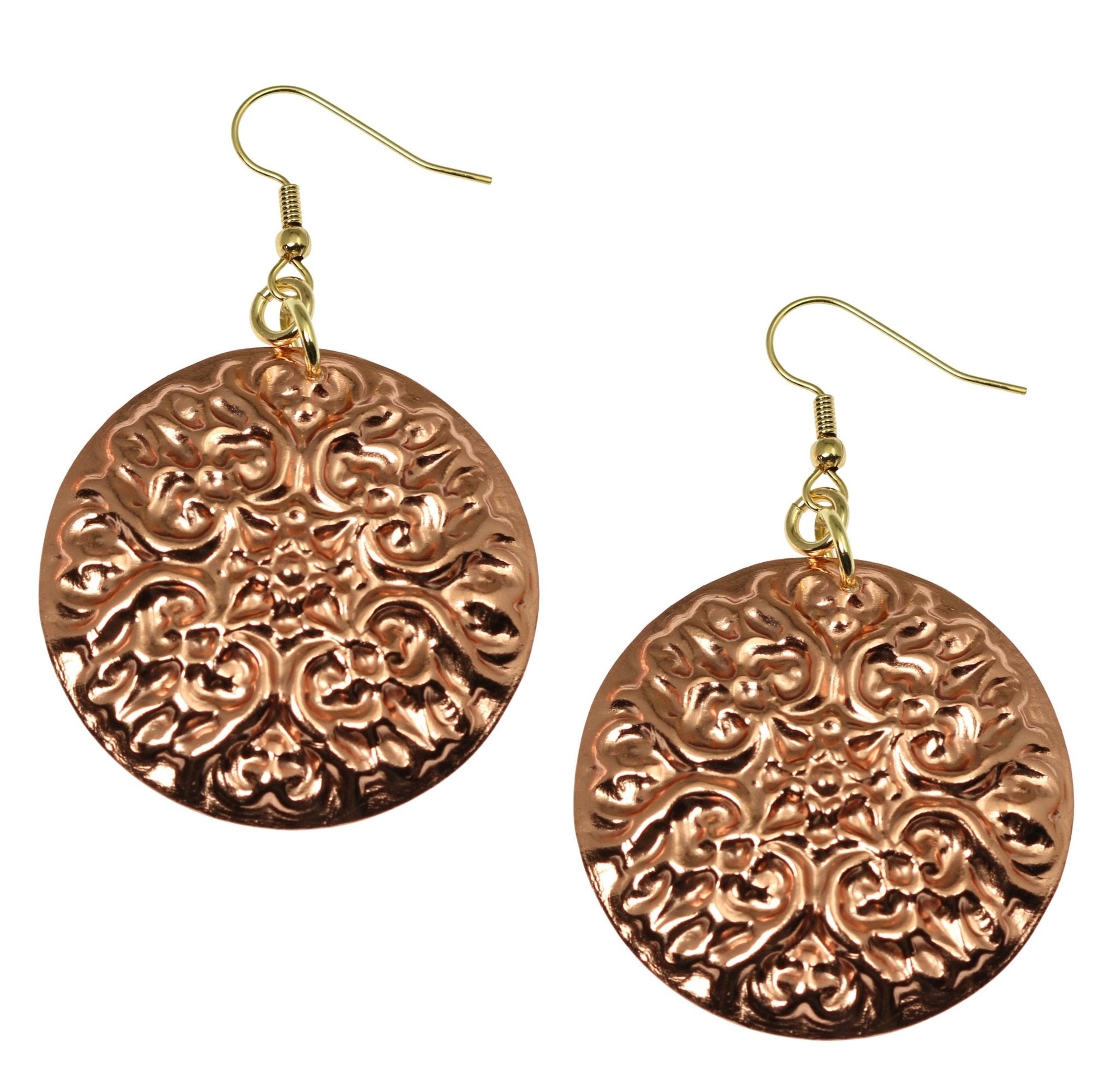 A Pair of Victorian Night Copper Disc Earrings on a White Background