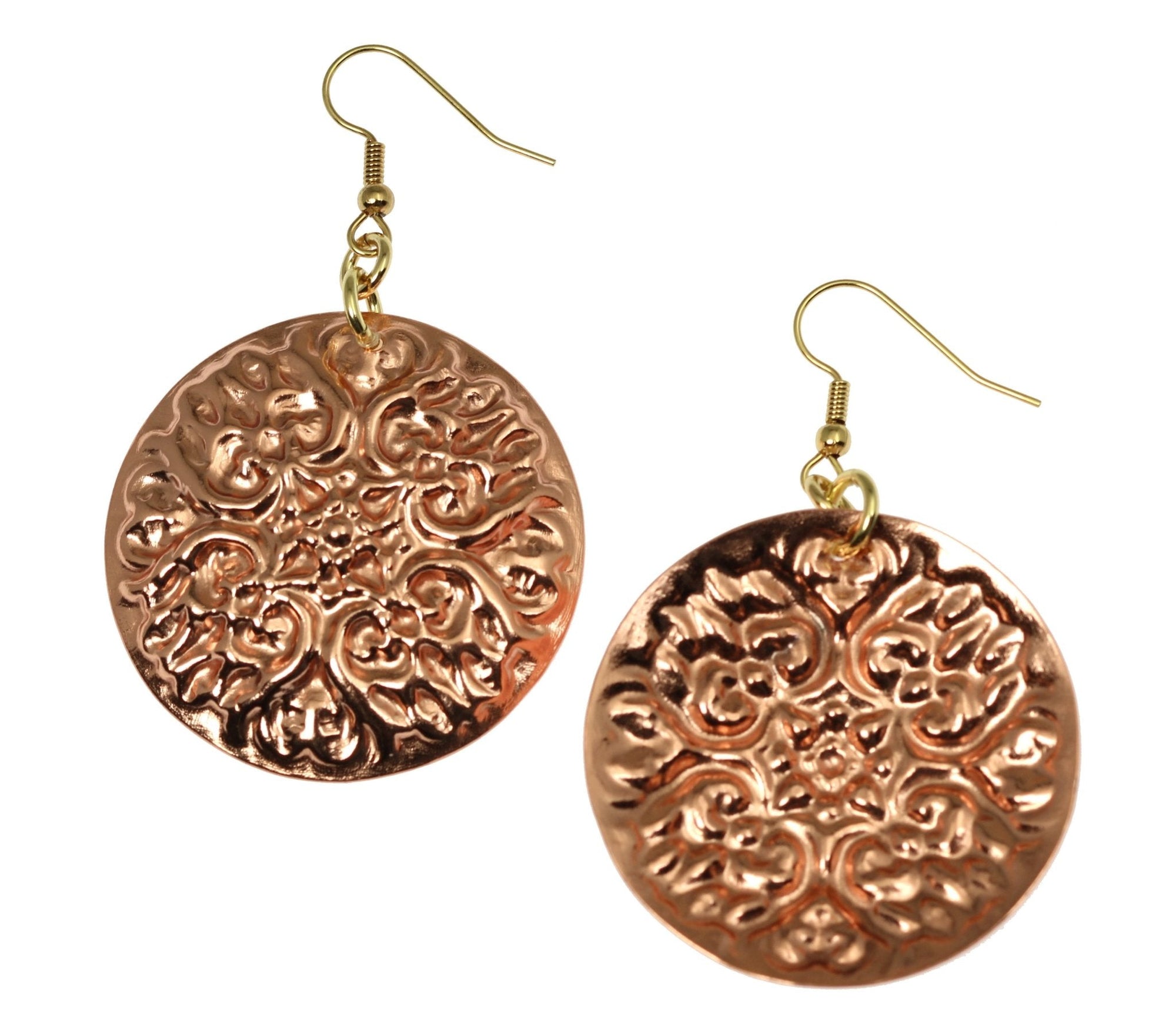 Front and Back Views of Victorian Night Copper Disc Earrings