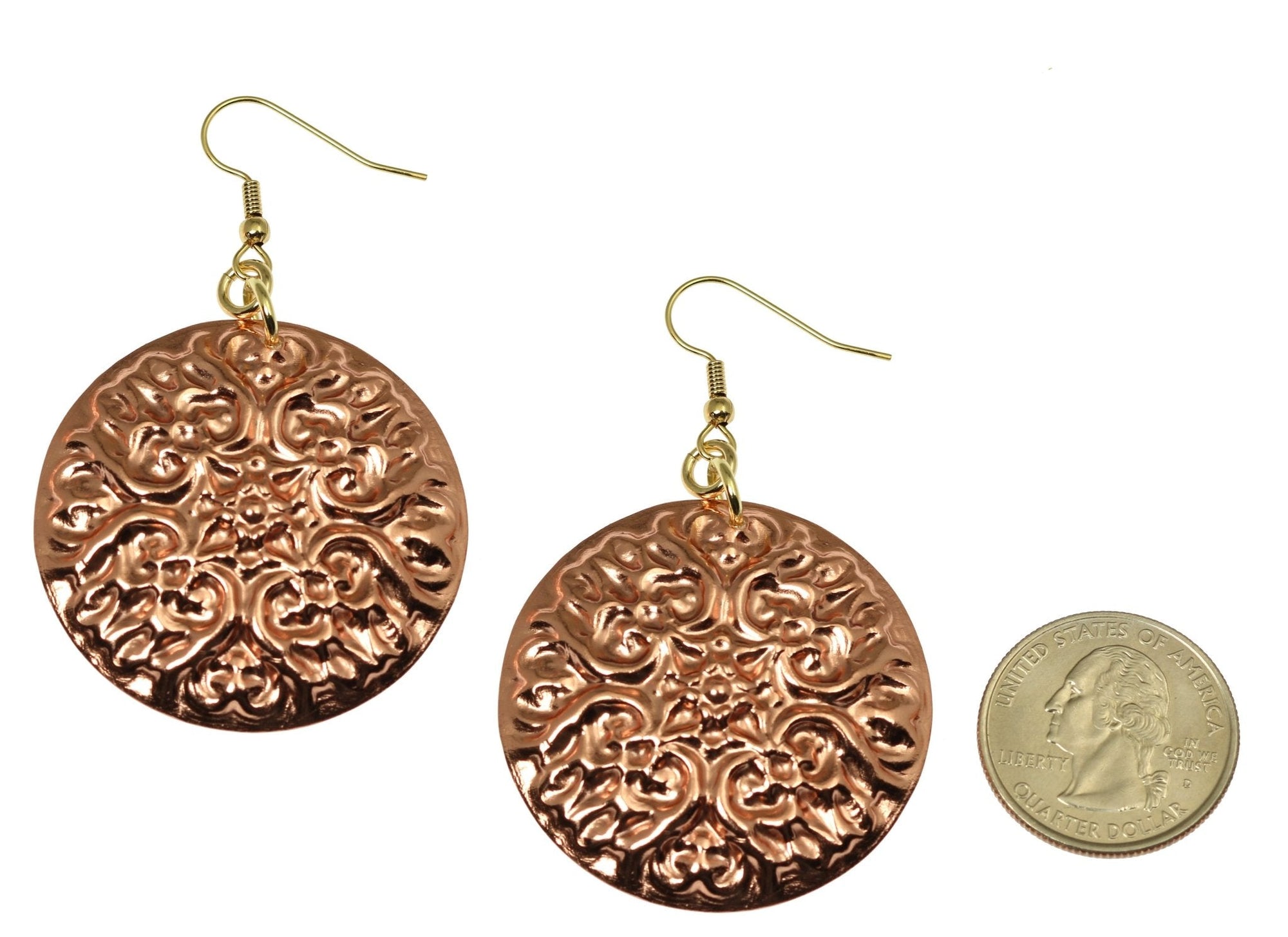 Size of Victorian Night Copper Disc Earrings compared to a US Quarter Coin