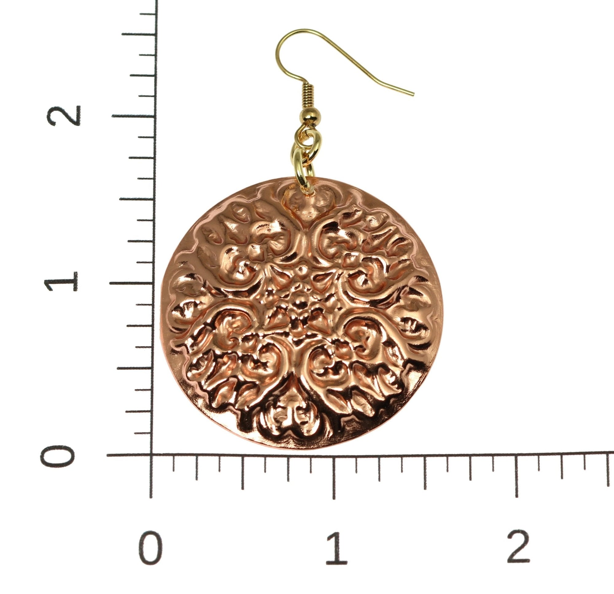 Scale of Victorian Night Copper Disc Earrings on a Ruler for Size Dimensions