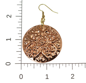 3 of 6: Scale of Victorian Night Copper Disc Earrings on a Ruler for Size Dimensions