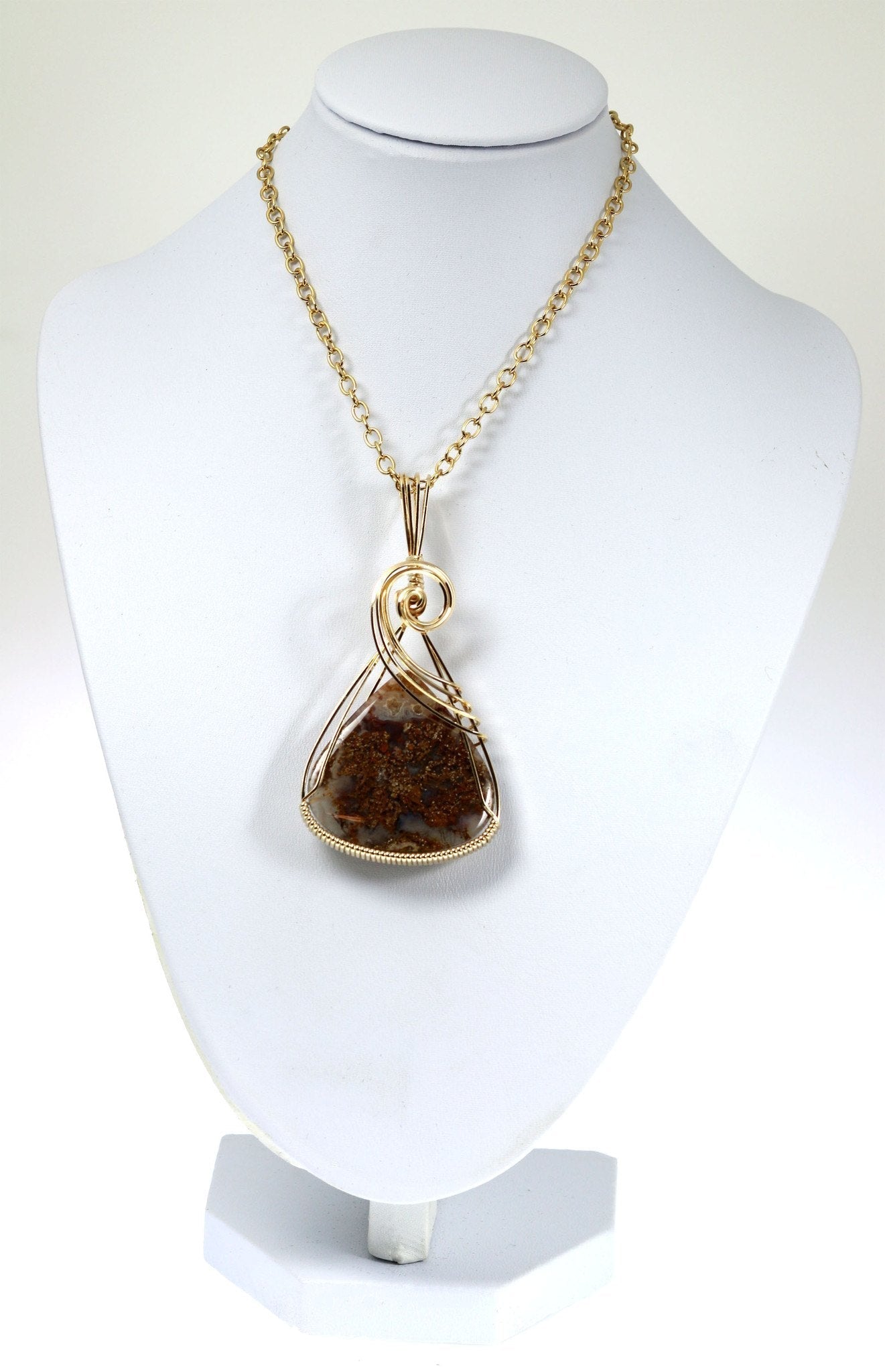 West Texas Agate 14K Gold-filled Pendant with Gold Chain on a White Neck Display