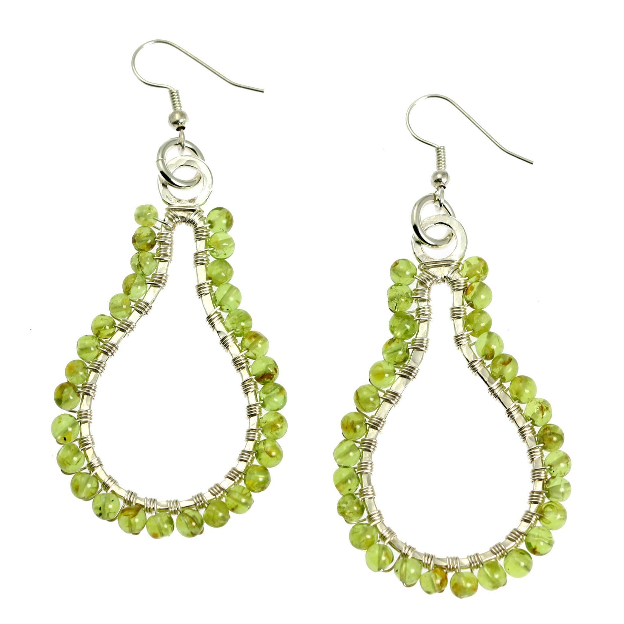 Detail View Hammered Silver Drop Earrings with Peridot