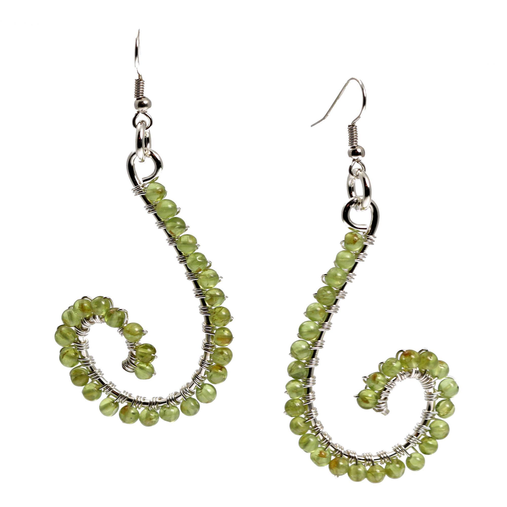 Detail View of Peridot Wire Wrapped Silver Scroll Earrings