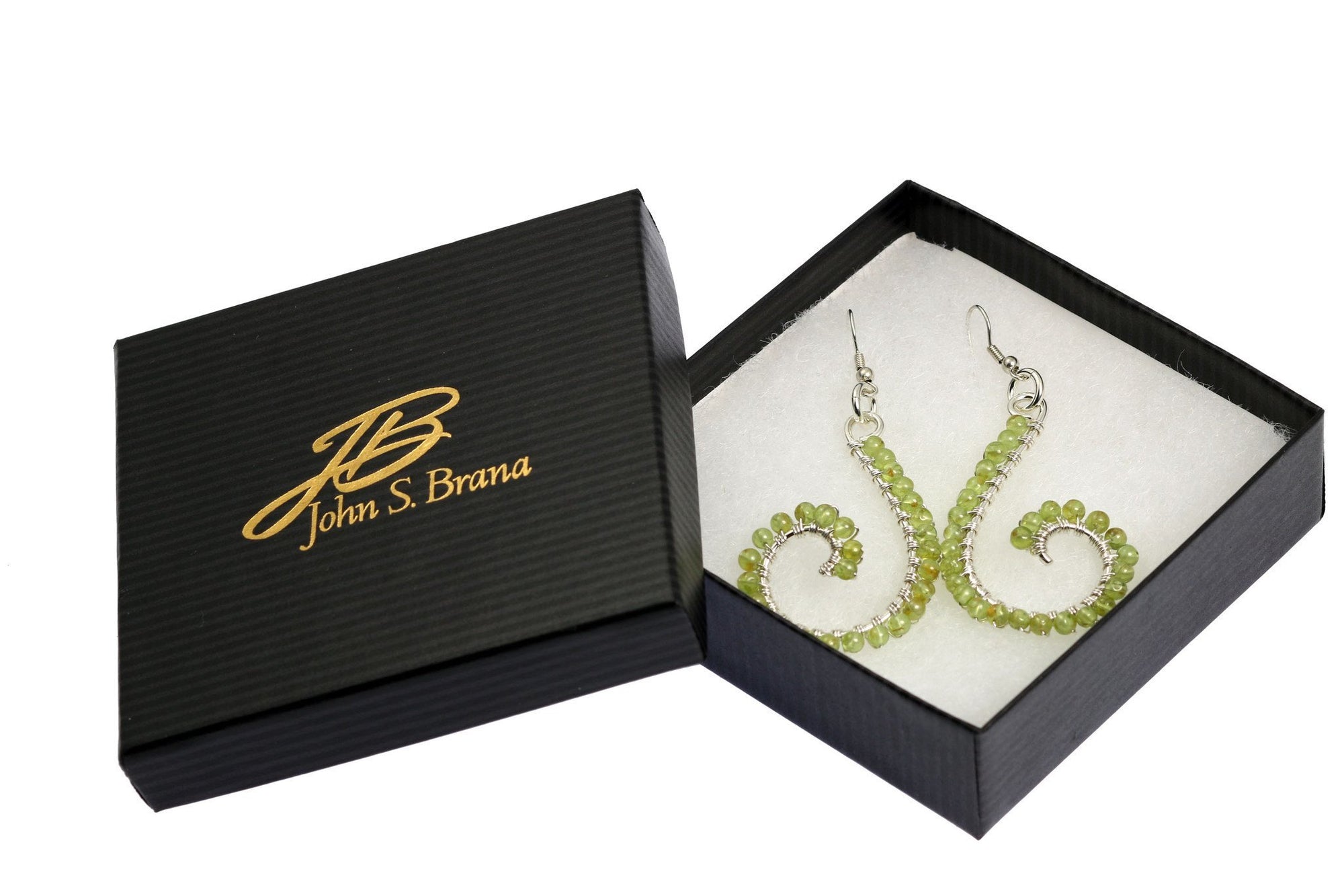 Gift Boxed Peridot Wire Wrapped Silver Scroll Earrings